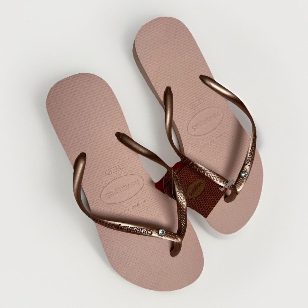 Havaianas Brazilian Flip Flops Sz 9/10 Eur 39-40 Rose Gold Crystal